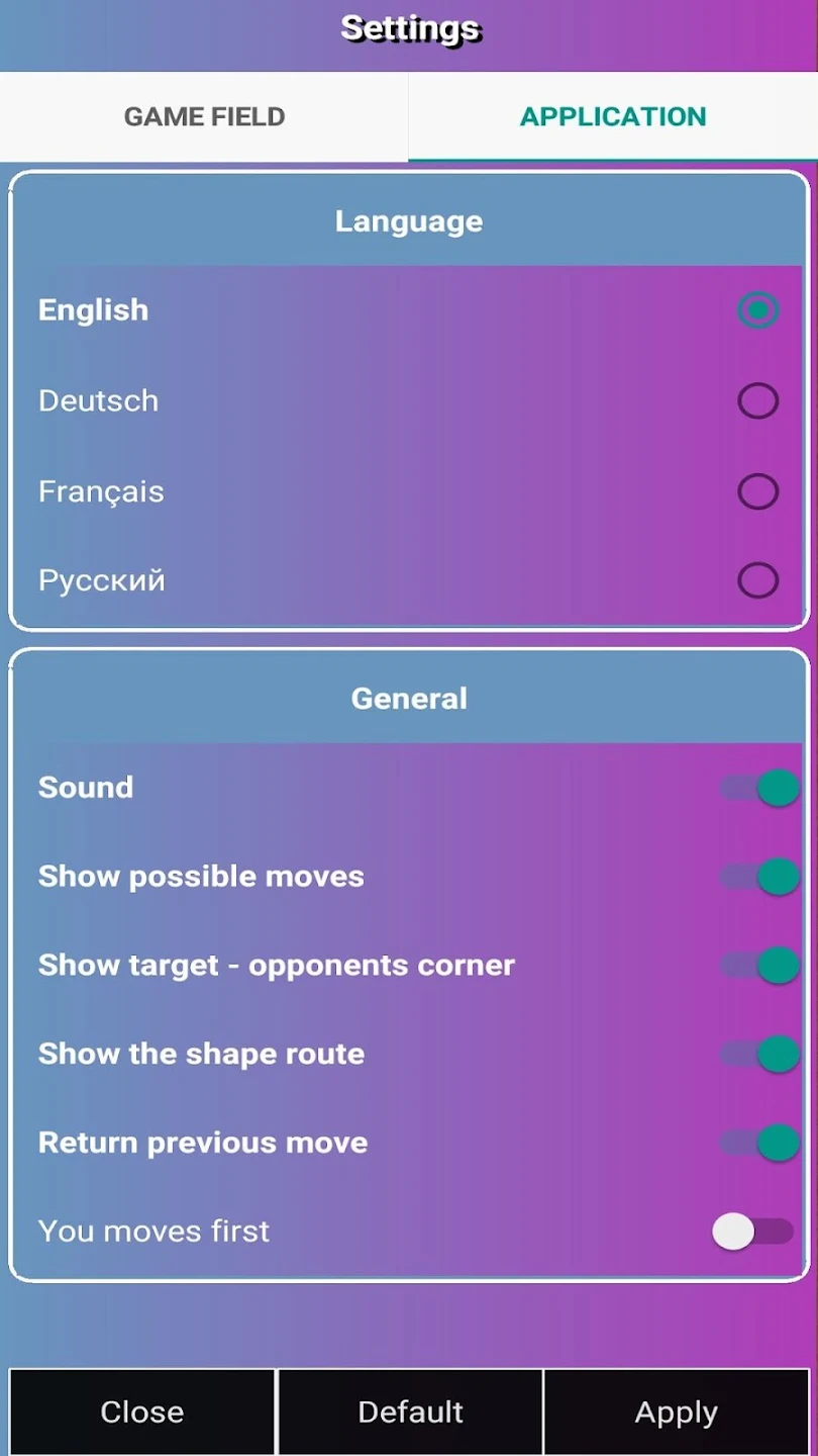 Application settings with four languages and gameplay toggles