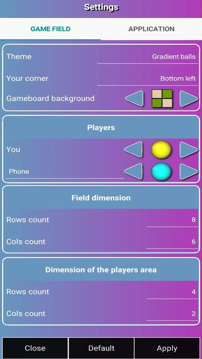 Game field settings with themes, corners and board dimensions